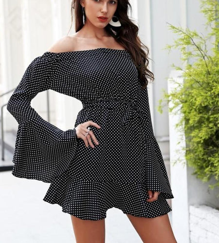 Off shoulder Polka Dot Summer Flare Sleeve Dress-women-wanahavit-Black-S-wanahavit
