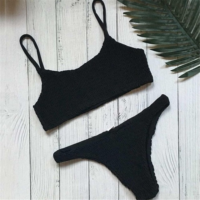 Wrinkled Sexy Solid Colored Bikini-women fitness-wanahavit-Black-M-wanahavit