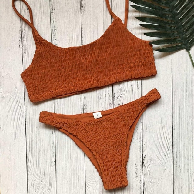 Wrinkled Sexy Solid Colored Bikini-women fitness-wanahavit-Brown-M-wanahavit