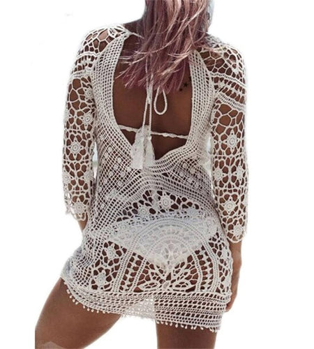 Sexy Black Lace Crochet Knitted Backless Beach Cover Up-women fitness-wanahavit-White-One Size-wanahavit