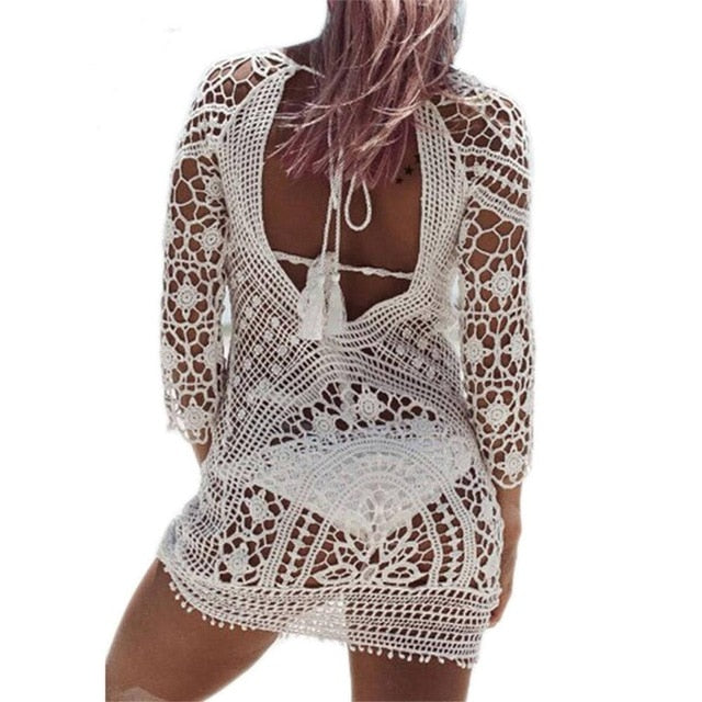 Sexy Black Lace Crochet Knitted Backless Beach Cover Up-women fitness-wanahavit-White-One Size-wanahavit