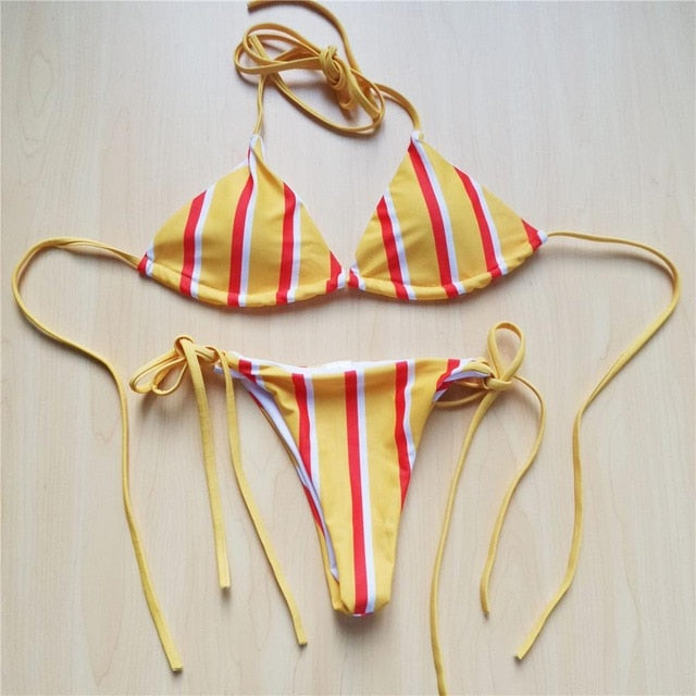 Sexy Halter String Tie Striped Bikini-women fitness-wanahavit-Yellow Red-L-wanahavit