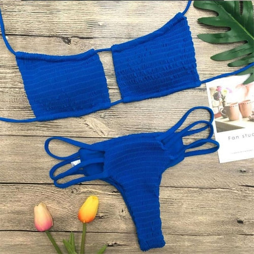 Load image into Gallery viewer, Sexy Wrinkled Stringy Brazilian Bikini-women fitness-wanahavit-Blue-L-wanahavit
