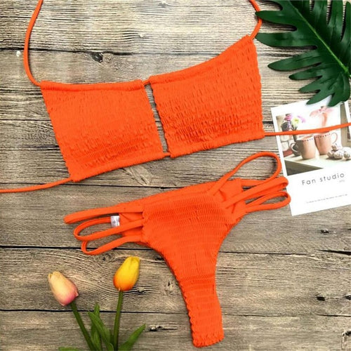 Load image into Gallery viewer, Sexy Wrinkled Stringy Brazilian Bikini-women fitness-wanahavit-Orange-L-wanahavit
