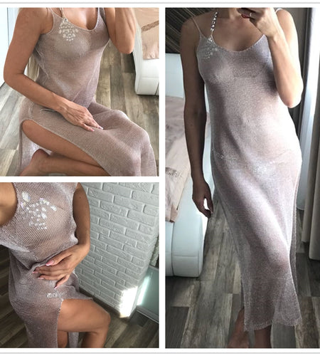 Sexy Sheer Mesh Knitted Tunic Long Beach Cover Up Dress-women fitness-wanahavit-Silver-One Size-wanahavit