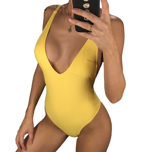 Load image into Gallery viewer, Sexy Deep V Neck High Waist Cut Bather Monokini-women fitness-wanahavit-Yellow-M-wanahavit

