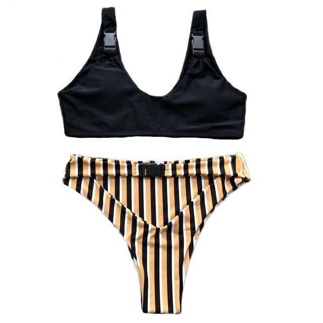 Sexy Striped High Waist Buckle Bikini-women fitness-wanahavit-Two Shoulder-L-wanahavit