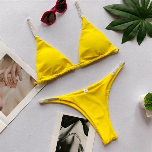 Load image into Gallery viewer, Sexy Shiny Strap High Cut Brazilian Bikini-women fitness-wanahavit-Yellow-L-wanahavit
