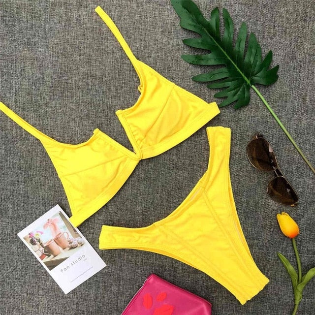Sexy Solid Color Padded V Shape Bikini-women fitness-wanahavit-Yellow-M-wanahavit