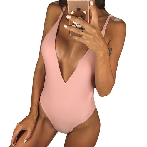 Load image into Gallery viewer, Deep V Neck Sexy Bather Backless Low Cut Monokini-women fitness-wanahavit-Pink-L-wanahavit
