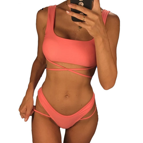 Load image into Gallery viewer, High Cut Sport Wrap String Thong Bikini-women fitness-wanahavit-Pink-L-wanahavit
