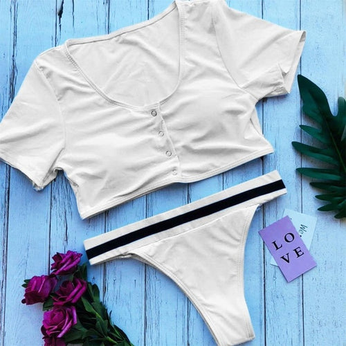 Load image into Gallery viewer, Short Sleeve Buttoned Sexy Sport Bikini-women fitness-wanahavit-White-L-wanahavit
