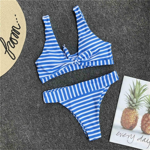 Load image into Gallery viewer, Striped Sexy Knotted Brazilian Bikini-women fitness-wanahavit-Blue-L-wanahavit
