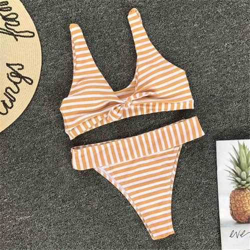 Load image into Gallery viewer, Striped Sexy Knotted Brazilian Bikini-women fitness-wanahavit-Orange-L-wanahavit
