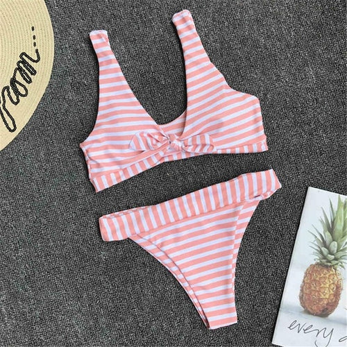 Load image into Gallery viewer, Striped Sexy Knotted Brazilian Bikini-women fitness-wanahavit-Pink-L-wanahavit
