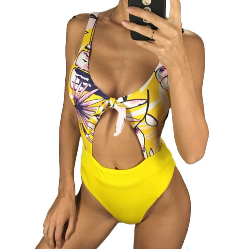 Load image into Gallery viewer, Yellow Printed High Waist Ribbed Monokini-women fitness-wanahavit-Yellow-L-wanahavit
