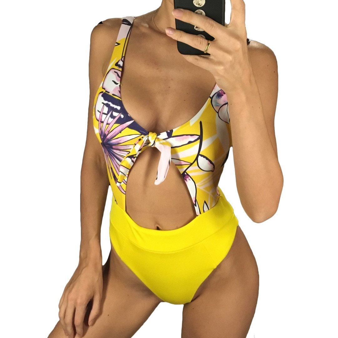 Yellow Printed High Waist Ribbed Monokini-women fitness-wanahavit-Yellow-L-wanahavit