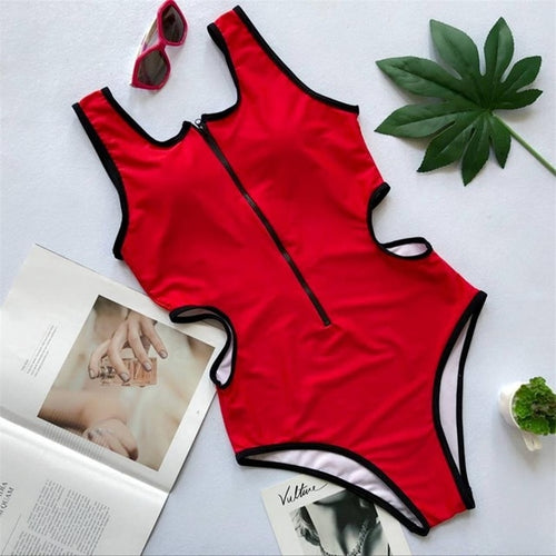 Load image into Gallery viewer, Zippered Hollow Side Scoop Backless Sexy Monokini-women fitness-wanahavit-Red-L-wanahavit
