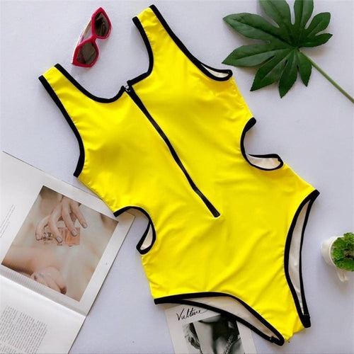 Load image into Gallery viewer, Zippered Hollow Side Scoop Backless Sexy Monokini-women fitness-wanahavit-Yellow-L-wanahavit
