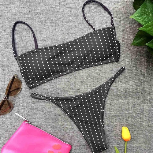 Load image into Gallery viewer, Polka Dotted Bandeau Brazilian Bikini-women fitness-wanahavit-Black-L-wanahavit
