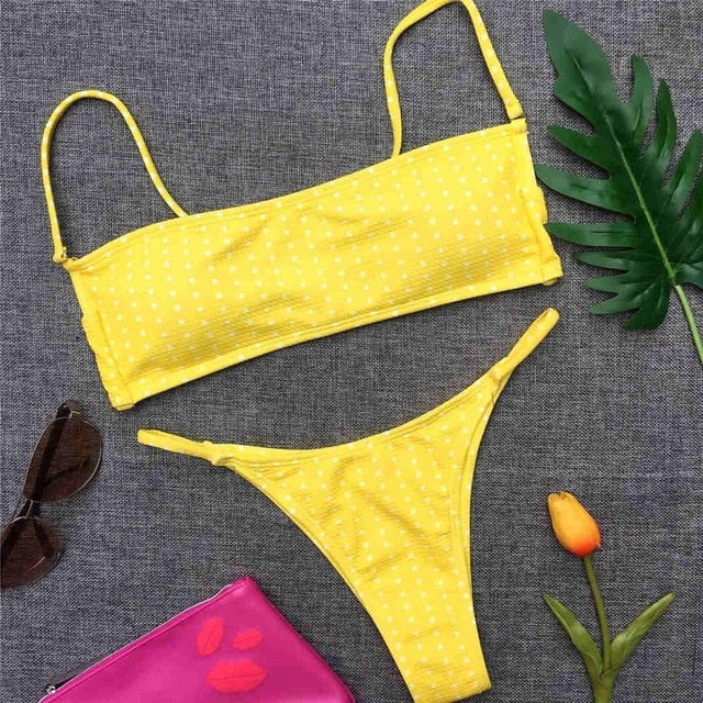 Polka Dotted Bandeau Brazilian Bikini-women fitness-wanahavit-Yellow-L-wanahavit