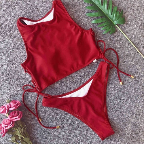 Load image into Gallery viewer, Sexy High Neck Side Lace Up Bikini-women fitness-wanahavit-Red-L-wanahavit
