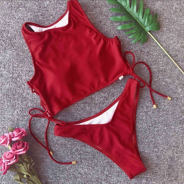 Sexy High Neck Side Lace Up Bikini-women fitness-wanahavit-Red-L-wanahavit