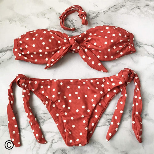 Load image into Gallery viewer, Sexy Polka Dot Bandeau Knotted Bikini-women fitness-wanahavit-Light Red-L-wanahavit
