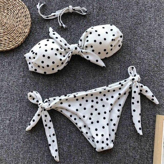 Sexy Polka Dot Bandeau Knotted Bikini-women fitness-wanahavit-White With Black Dot-L-wanahavit