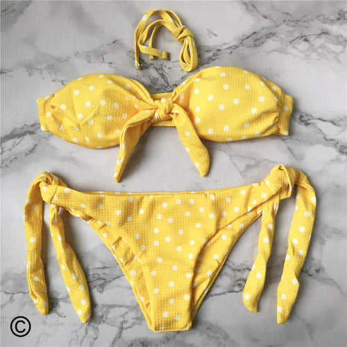 Load image into Gallery viewer, Sexy Polka Dot Bandeau Knotted Bikini-women fitness-wanahavit-Yellow-L-wanahavit
