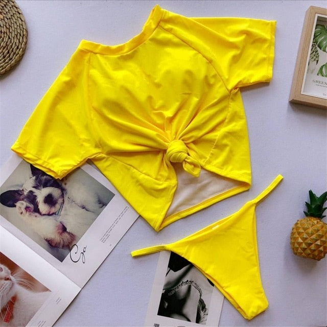 Two Color Contrast Sleeved Sexy High Cut Sport Bikini-women fitness-wanahavit-V851 Yellow-L-wanahavit