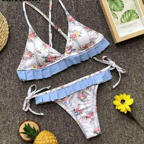 Load image into Gallery viewer, Sexy Ruffled Floral Printed Low Waist Bikini-women fitness-wanahavit-Blue-L-wanahavit
