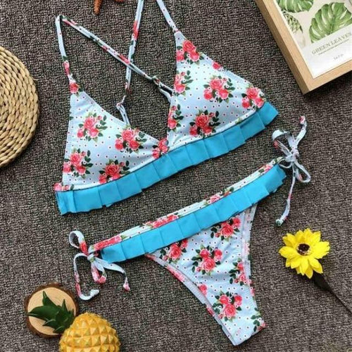 Load image into Gallery viewer, Sexy Ruffled Floral Printed Low Waist Bikini-women fitness-wanahavit-Sky Blue-L-wanahavit
