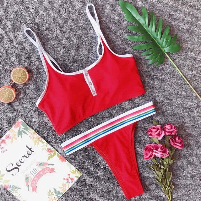 Sexy Striped Garter Button Top Brazilian Bikini-women fitness-wanahavit-Red-L-wanahavit