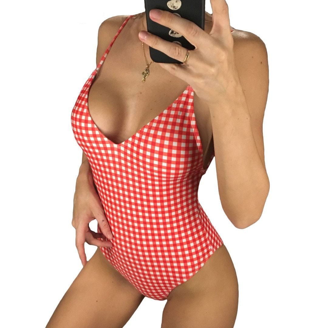 Sexy V Neck Scrunch Back Monokini-women fitness-wanahavit-Red Block-L-wanahavit