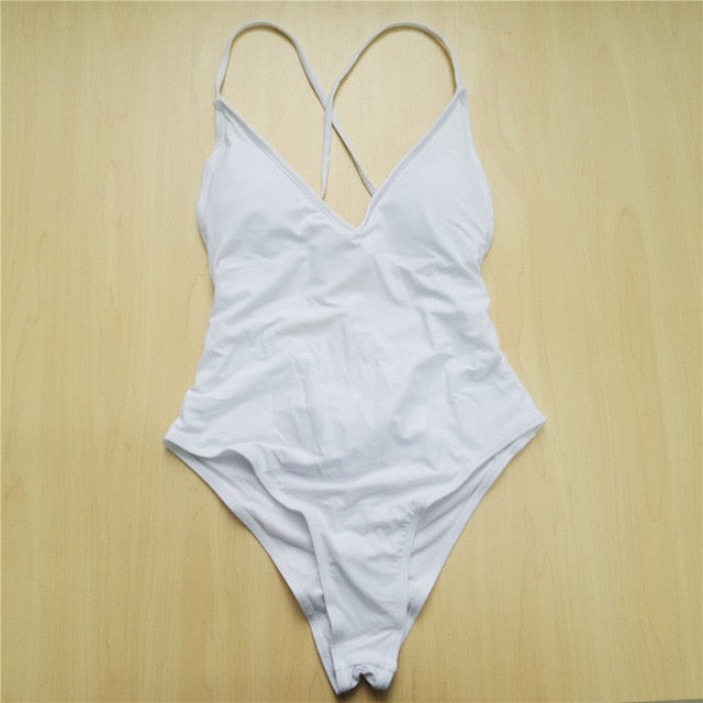 Sexy V Neck Scrunch Back Monokini-women fitness-wanahavit-White-L-wanahavit