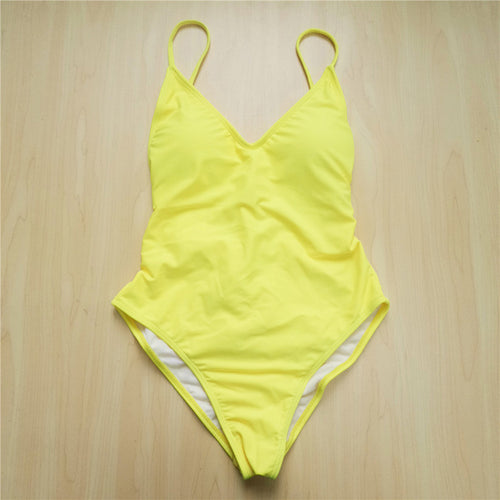 Load image into Gallery viewer, Sexy V Neck Scrunch Back Monokini-women fitness-wanahavit-Yellow-L-wanahavit
