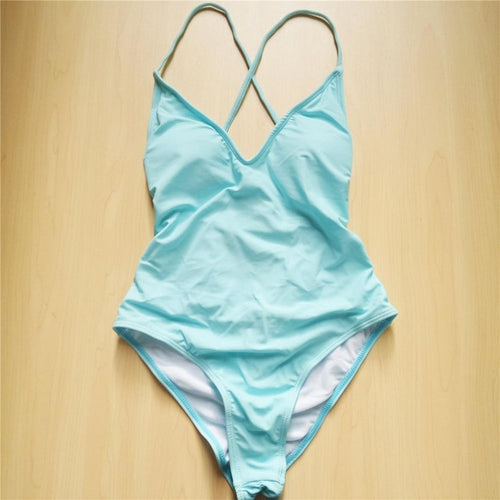 Load image into Gallery viewer, Sexy V Neck Scrunch Back Monokini-women fitness-wanahavit-Sky Blue-L-wanahavit
