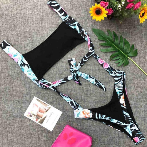 Load image into Gallery viewer, Floral Print High Cut Thong Bather Tummy Cut Out Monokini-women fitness-wanahavit-Black-L-wanahavit
