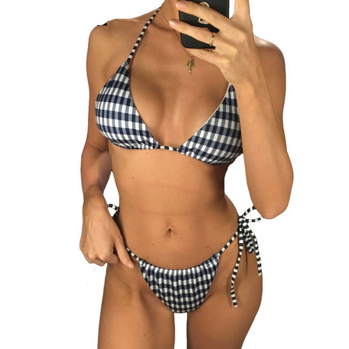 Load image into Gallery viewer, Sexy String Halter Padded Brazilian Bikini-women fitness-wanahavit-Plaid-L-wanahavit
