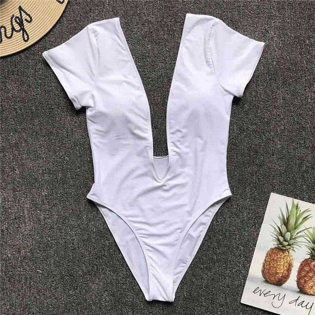 Sexy Sleeved High Waist Bather Deep V Neck Monokini-women fitness-wanahavit-White-S-wanahavit