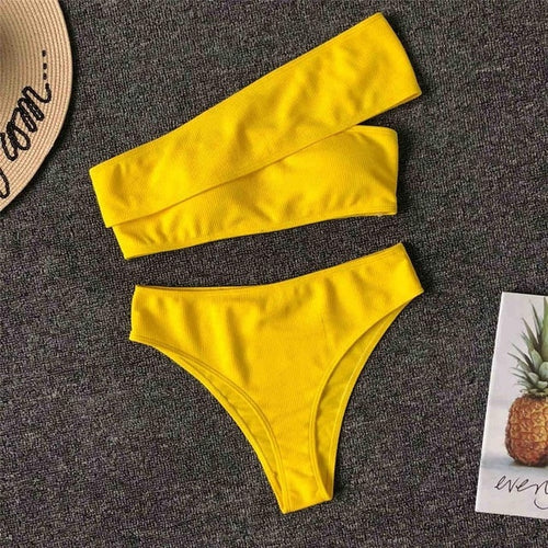 Load image into Gallery viewer, Asymmetrical Shoulder High Waist Bikini-women fitness-wanahavit-Yellow-L-wanahavit
