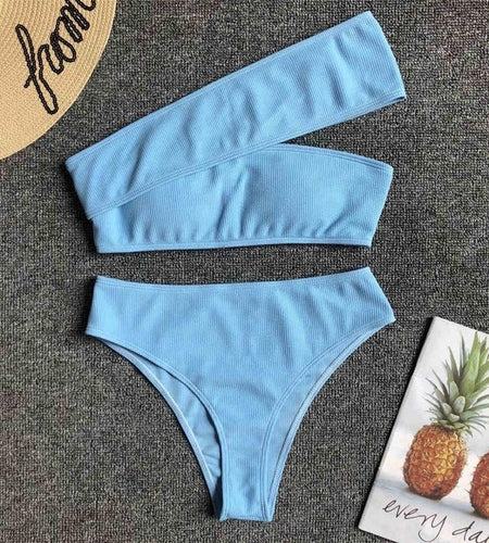 Asymmetrical Shoulder High Waist Bikini-women fitness-wanahavit-Sky Blue-L-wanahavit