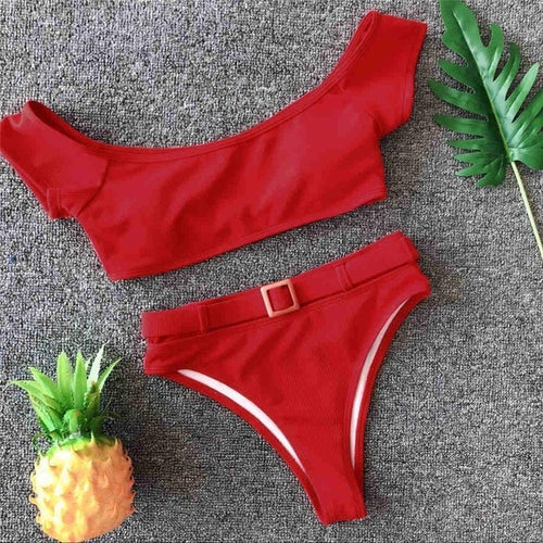 Load image into Gallery viewer, Short Sleeve Buckled Sexy High Waist Bikini-women fitness-wanahavit-Red-L-wanahavit
