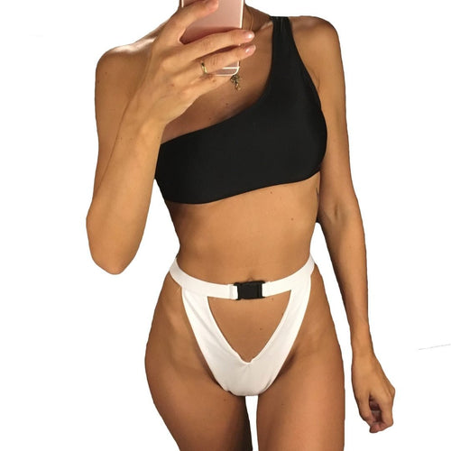 Load image into Gallery viewer, Tw Color One Shoulder Sexy High Cut Buckled Bikini-women fitness-wanahavit-Black White-L-wanahavit
