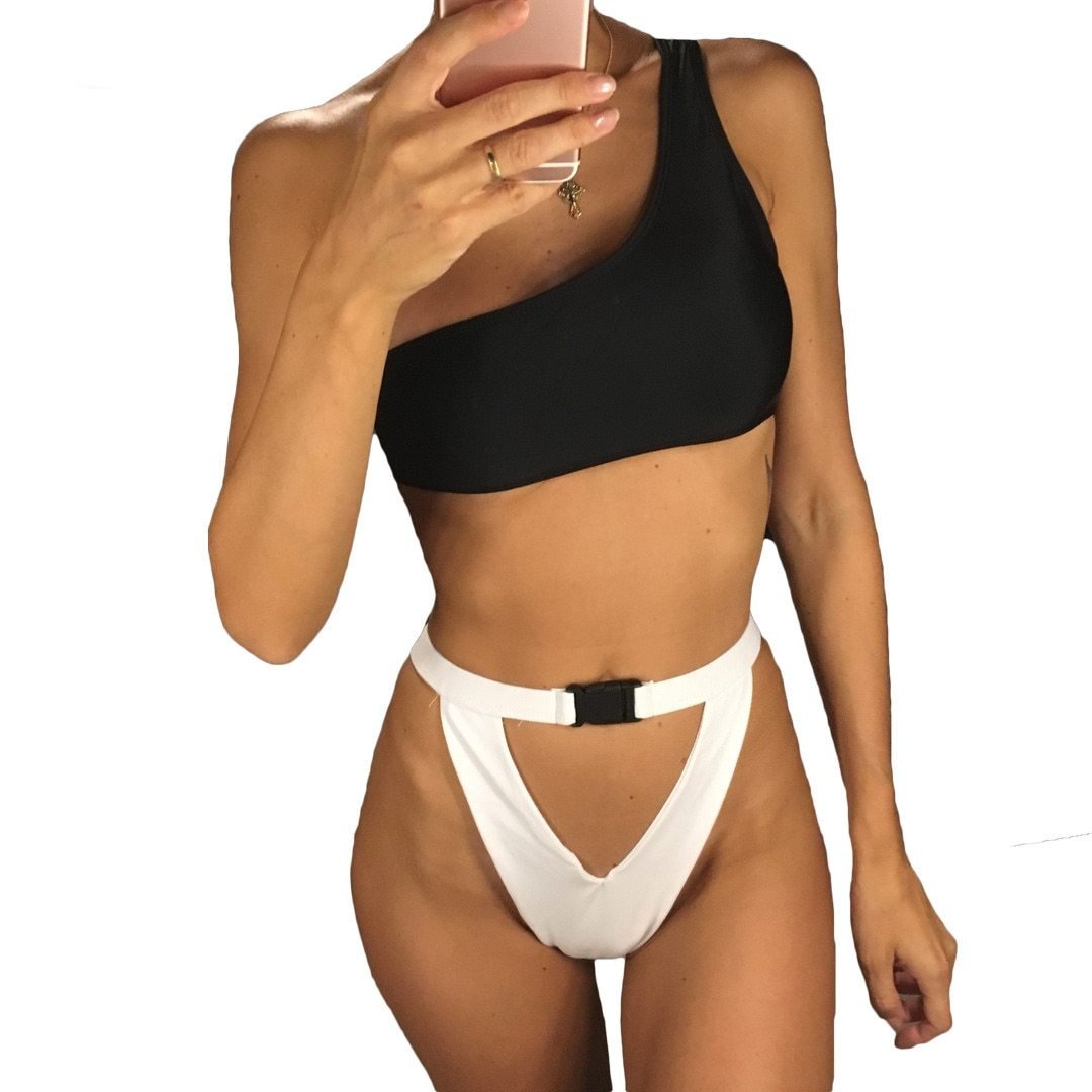 Tw Color One Shoulder Sexy High Cut Buckled Bikini-women fitness-wanahavit-Black White-L-wanahavit