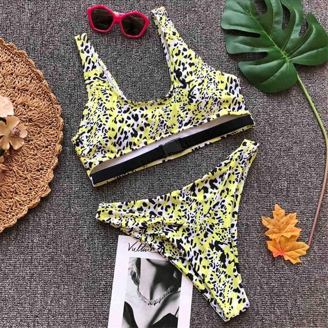 Sexy High Cut Leg Buckled Top Bikini-women fitness-wanahavit-Yellow Leopard-L-wanahavit