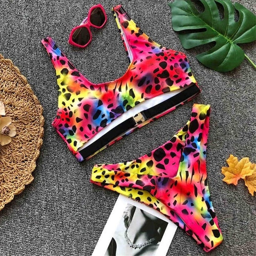 Load image into Gallery viewer, Sexy High Cut Leg Buckled Top Bikini-women fitness-wanahavit-Colorful Leopard-L-wanahavit
