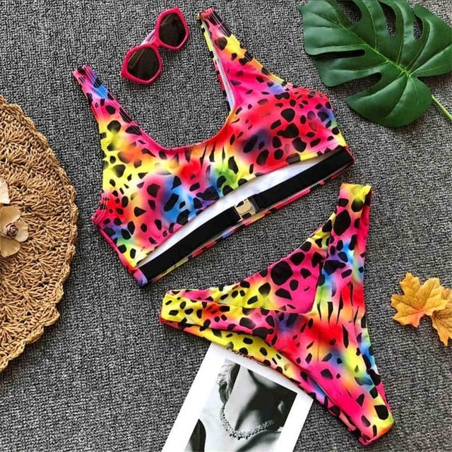 Sexy High Cut Leg Buckled Top Bikini-women fitness-wanahavit-Colorful Leopard-L-wanahavit