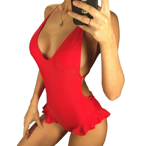 Load image into Gallery viewer, Deep V Neck Sexy Ruffled Frill One Halter Monokini-women fitness-wanahavit-Red-L-wanahavit
